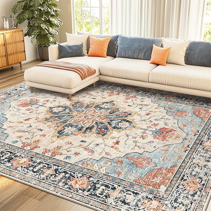 RELEANY Washable Area Rug, Water Repellent, Pet Friendly, Vintage Floral Boho by RELEANY
