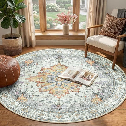 RELEANY Washable Area Rug, Round 4ft, Water Repellent, Pet Friendly, Vintage - Image 2