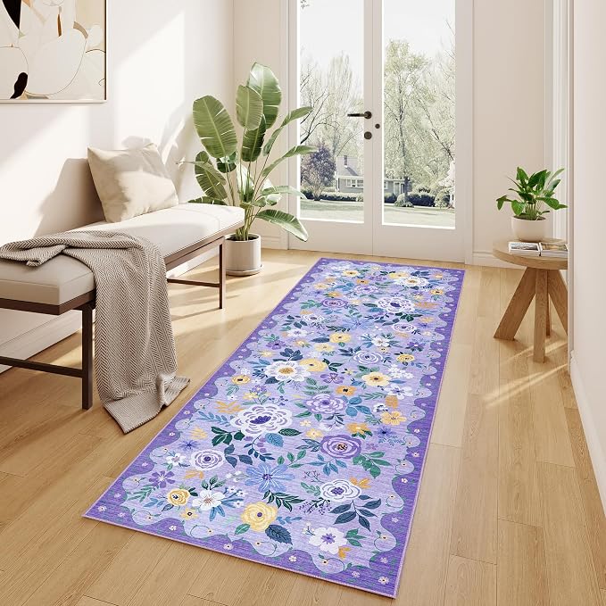 DUKINO 2x10 Runner Rug, Floral Washable Kitchen Runner Rug Non Slip, Low Pile - Image 2