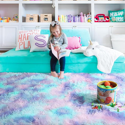 Furry Pastel Rug for Girls Bedroom, Soft Adorable Rainbow Purple Tent Rugs | - Image 8