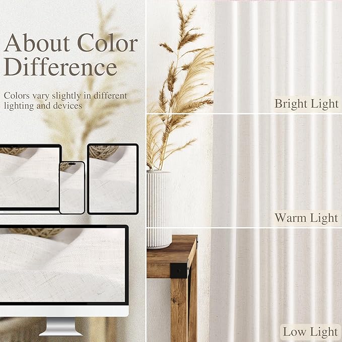 Ivory White Linen Curtains for Living Room 100 Inches Long Light Filtering Semi - Image 3