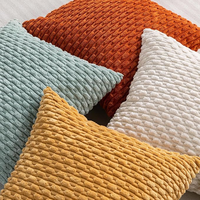 Set of 4 Yellow Rust Aqua Decorative Throw Pillow Covers 20x20 Inch Corduroy - Image 4
