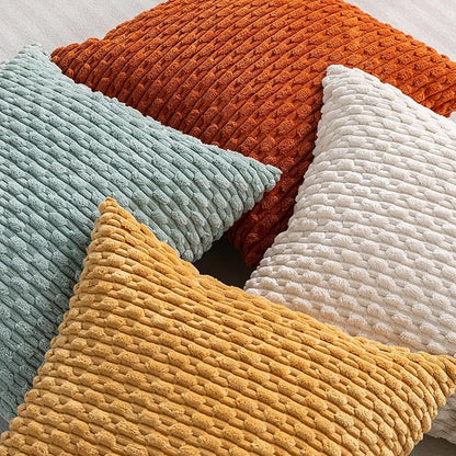 Set of 4 Yellow Rust Aqua Decorative Throw Pillow Covers 18x18 Inch Corduroy - Image 4