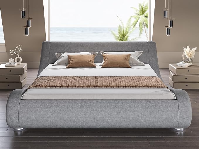SHA CERLIN Queen Size Upholstered Bed Frame, Deluxe Low Profile Sleigh Bed - Image 3