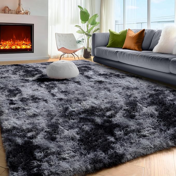 Abstract Fluffy Shaggy Rugs for Living Room Kids Room 5x8 Ft, Tie-Dyed Grey | - Image 5