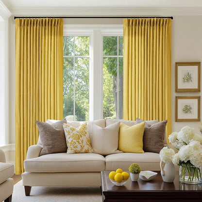 Mustard Yellow Pleated Semi Sheer Linen Curtains 102 Inches Long 2 Panel | - Image 7
