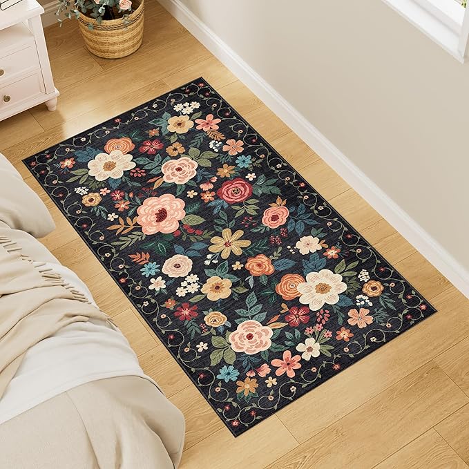 DUKINO 2x4 Entryway Rug, Floral Washable Kitchen Rugs Non Slip, Soft Indoor - Image 3