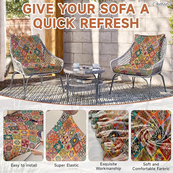CALBODE 8Pcs Stretch Patio Cushion Cover, Bohemian Colored Geometric Pattern - Image 4