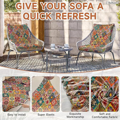 CALBODE 8Pcs Stretch Patio Cushion Cover, Bohemian Colored Geometric Pattern - Image 4