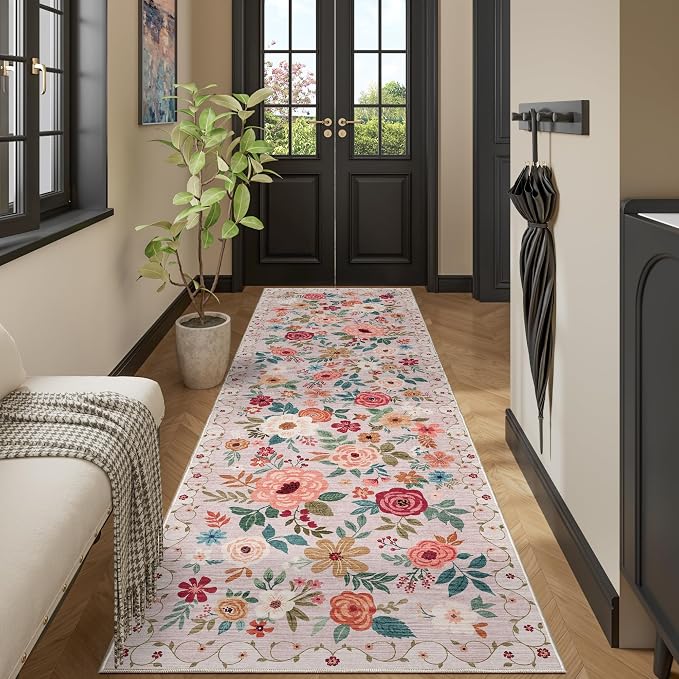 DUKINO 3x10 Runner Rug, Floral Washable Kitchen Runner Rug Non Slip, Low Pile by DUKINO
