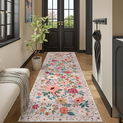 DUKINO 3x10 Runner Rug, Floral Washable Kitchen Runner Rug Non Slip, Low Pile by DUKINO