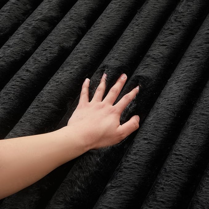 Black Rabbit Striped Plush Rug 3'x5', Fluffy Faux Fur Shaggy Area Rug - Image 3