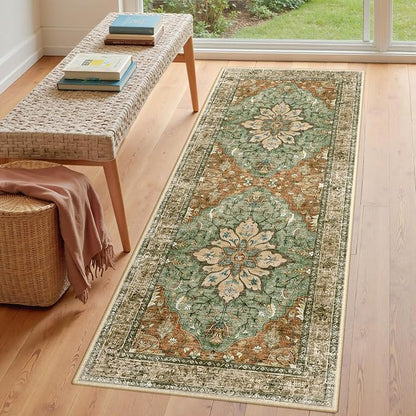 RELEANY Washable Area Rug, Runner 3'x6', Brick/Brown/Green | Non-Slip, Water - Image 3