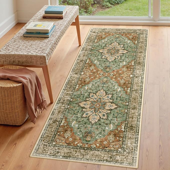 RELEANY Washable Area Rug, Runner 3'x7', Brick/Brown/Green | Non-Slip, Water - Image 3