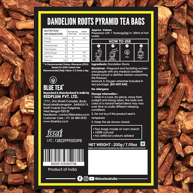 BLUE TEA - Dandelion Root Tea - 100 Count - Pyramid Plant Based Tea Bag | Support Kidney Function & Healthy Digestion | Detox Tea | Herbal Tea - Caffeine Free - Non-Bitter - Mild Flavor | Zipper Pack