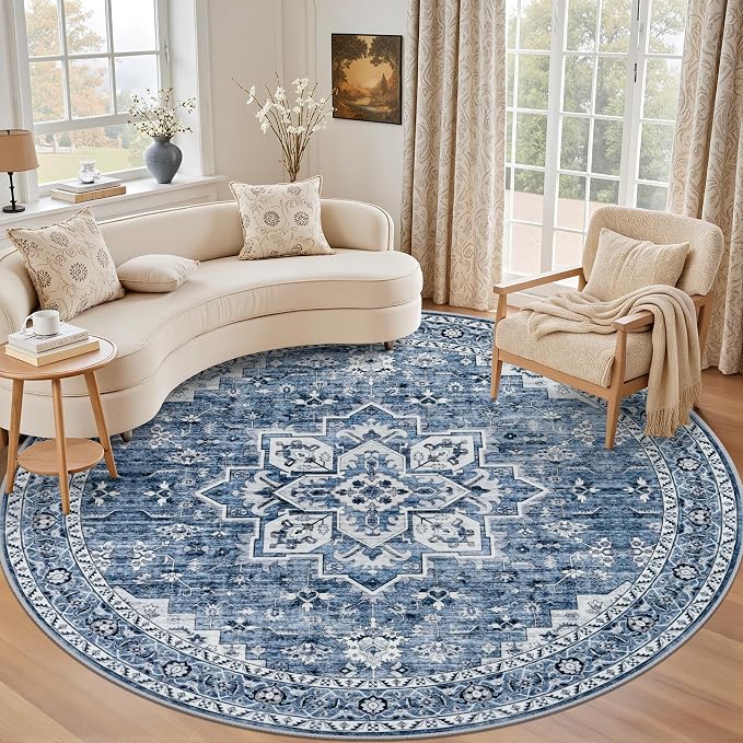 Round Area Rug for Living Room: 6ft Washable Rug for Bedroom Blue | Vintage by EXPEDIX
