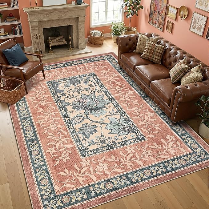 GarveeHome Terracotta Teal Washable 6x9 Area Rugs, Botanical Grove Vintage - Image 2