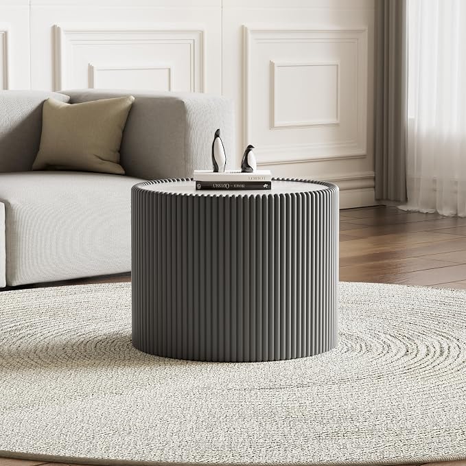 SSLine Round Drum Coffee Table Modern Sintered Stone Top Side End Table in Grey by SSLine