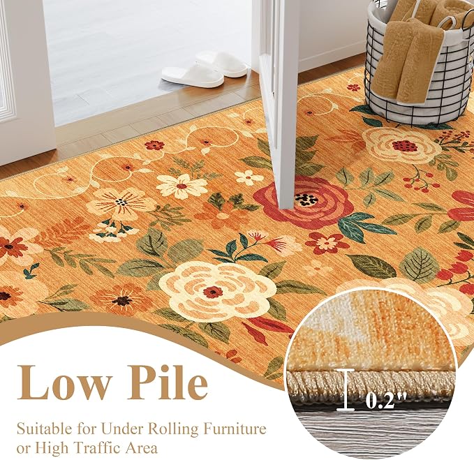 DUKINO 2x10 Runner Rug, Floral Washable Kitchen Runner Rug Non Slip, Low Pile - Image 6