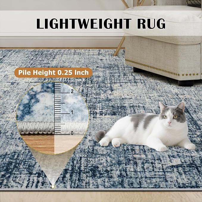 8x10 Washable Area Rug for Living Room Bedroom: Non-Slip Modern Blue Gold | - Image 7