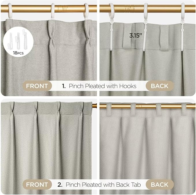 Joydeco Greyish White Pinch Pleated Thick Linen Curtains 96 Inch Long 2 Panel - Image 5
