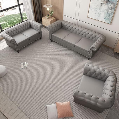 ORRD 3 Piece Living Room Set, Chesterfield Leather Sofa Loveseat Couch Chair - Image 9