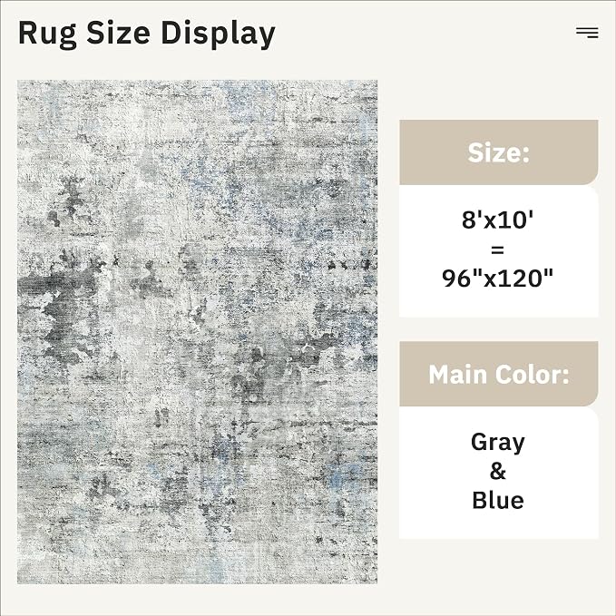 Soalmost Abstract Rug 8x10 Large Living Room Area Rugs Washable Gray/Blue | - Image 5