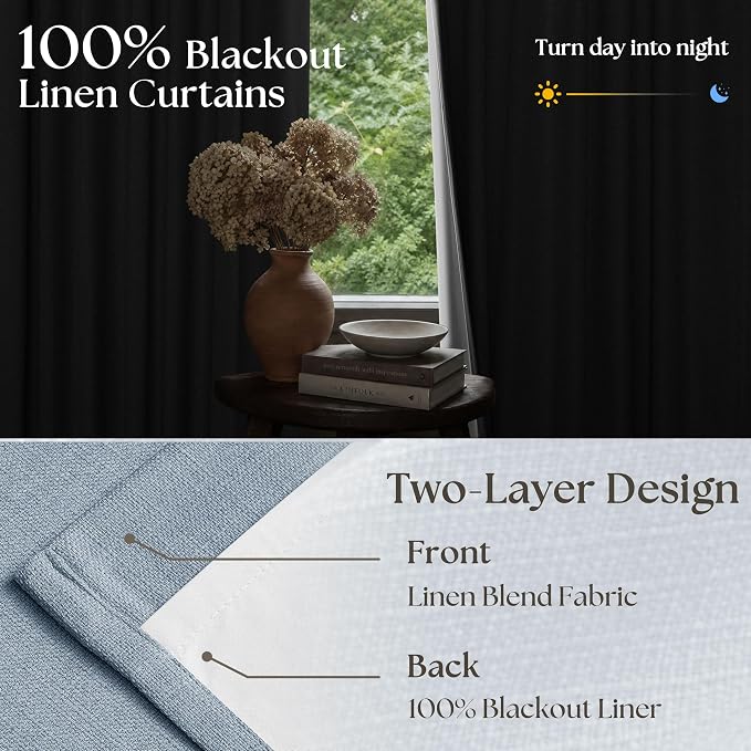 Blue 96 Inch Blackout Pinch Pleated Thick Linen Curtains - Image 5