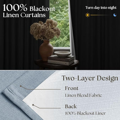 Blue 96 Inch Blackout Pinch Pleated Thick Linen Curtains - Image 5