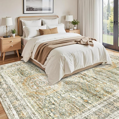 Soalmost Washable Area Rug 8x10 Large Soft Living Room Rugs Green/Orange | - Image 3