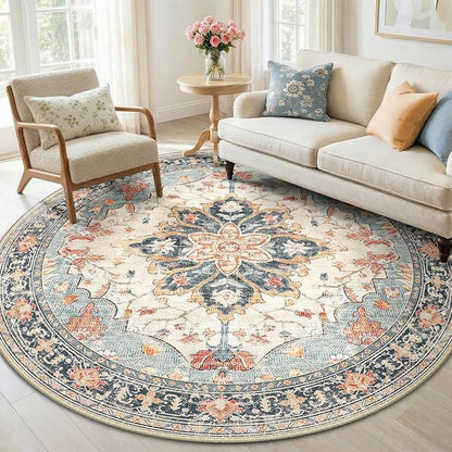 RELEANY Washable Area Rug, Round 6ft, Water Repellent, Pet Friendly, Vintage by RELEANY