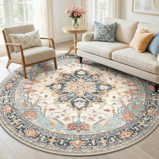 RELEANY Washable Area Rug, Round 6ft, Water Repellent, Pet Friendly, Vintage by RELEANY
