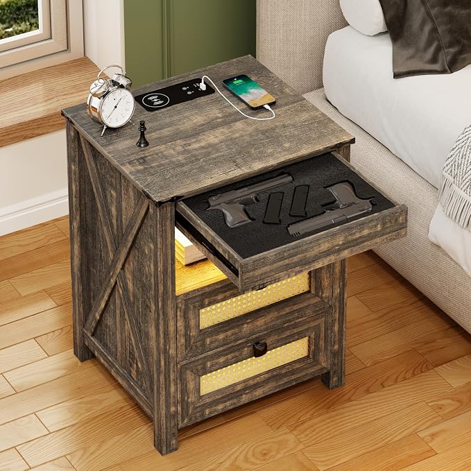 FREDEES Rustic Nightstand with Gun Drawer, End Table with Charging Station by FREDEES