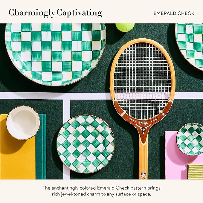 MACKENZIE-CHILDS Enamel Salad and Dessert Plate, Small Plate for a Dessert or Appetizer Dish, 8 Inches, Green-and-White Emerald Check