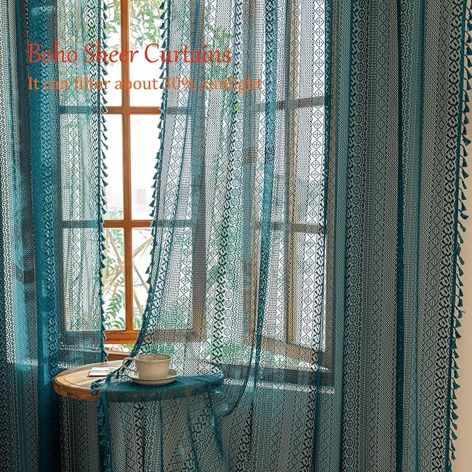 Sutuo Home Boho Lace Teal Curtains 96 inches Long - Image 2
