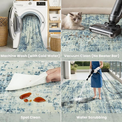 9x12 Washable Area Rug for Living Room Bedroom: Non-Slip Modern Blue Gray | - Image 5