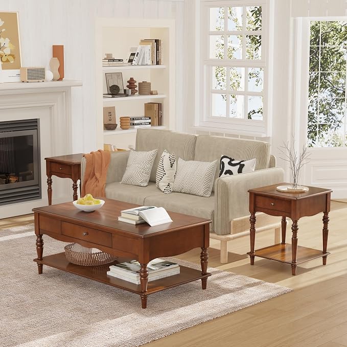 Mid-Century Modern Living Room Coffee Table Set, 3-Piece Solid Wood Living Room by MIAUWUUFHOME