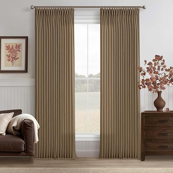 Brown Pinch Pleat Memory Shaped Linen Light Filtering Curtains 96 Inches | 96 by Twodrapes