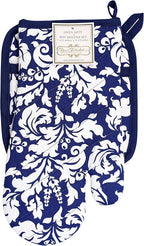 Yourtablecloth Set of Oven Mitt and Pot Holder or Oven Gloves-100% Cotton, High Heat Resistance, Superior Protection & Comfort–Elegant Design-Machine Washable-Nautical Blue