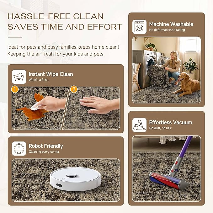 8x10 Brown Retro Floral Washable Area Rug - Image 6