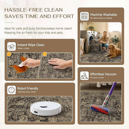 8x10 Brown Retro Floral Washable Area Rug - Image 6