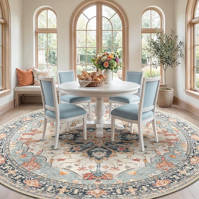 RELEANY Washable Area Rug, Round 8ft, Water Repellent, Pet Friendly, Vintage - Image 2