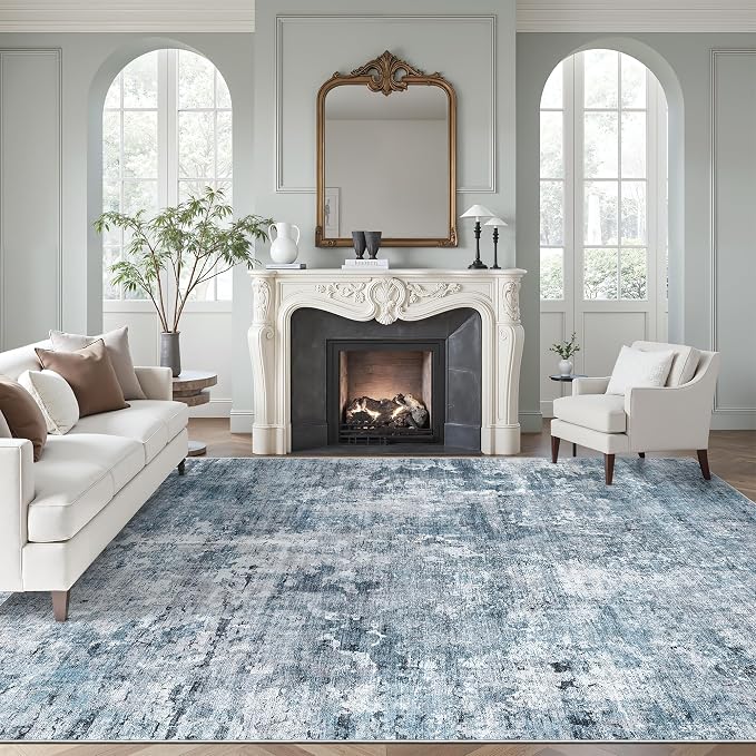 Soalmost Abstract Rug 8x12 Large Living Room Area Rugs Washable Blue/Grey | by Soalmost