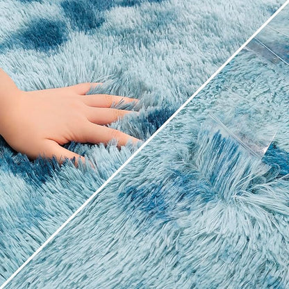 Super Soft Fluffy Living Room Area Rug 2x6 ft Tie-Dyed Light Blue Shaggy Furry - Image 6