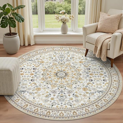 Round Area Rug for Living Room: 8ft Washable Rug for Bedroom Beige | Vintage - Image 2