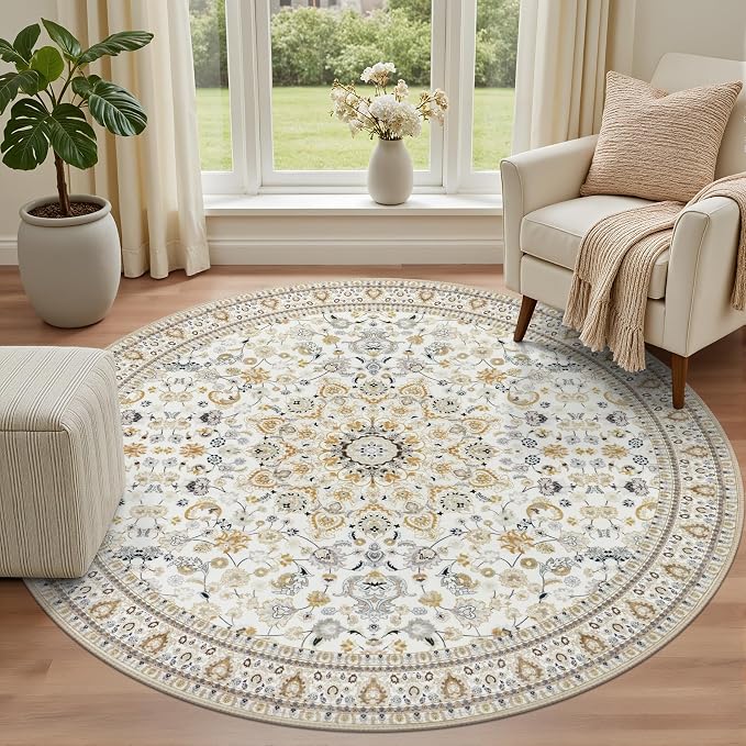 Round Area Rug for Living Room: 4ft Washable Rug for Bedroom Beige | Vintage - Image 2