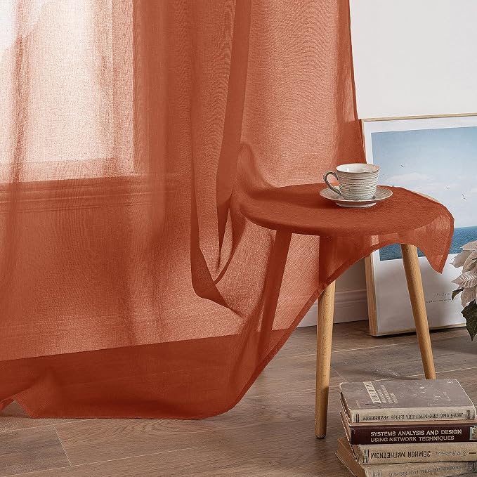 MIULEE Boho Fall Terracotta Linen Textured Sheer Curtains 54W×45L Kitchen | - Image 5