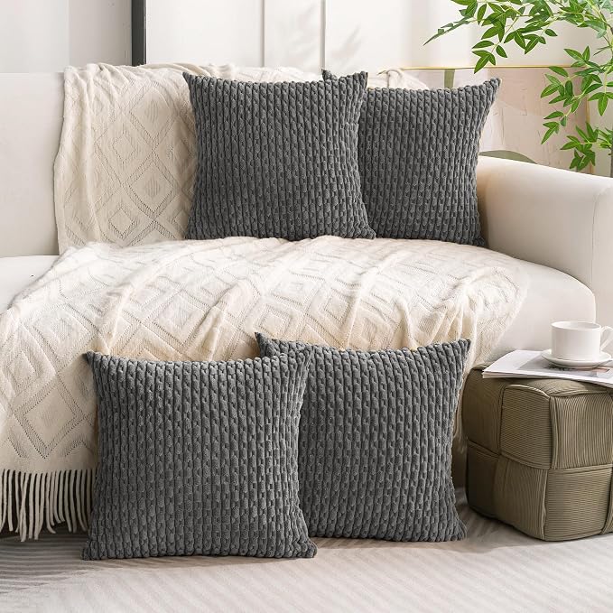Set of 4 Dark Grey Decorative Throw Pillow Covers 24x24 Inch Corduroy Pillow - Image 2