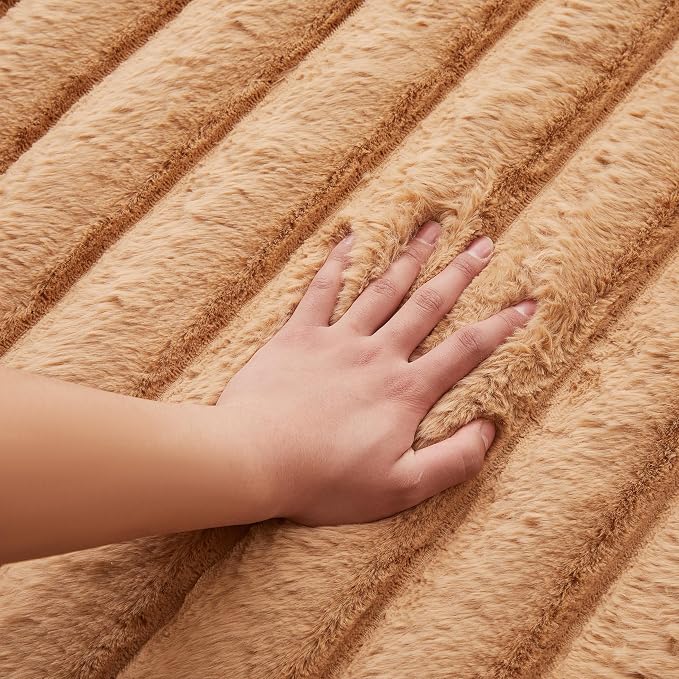 Coffee Rabbit Striped Plush Rug 4'x6', Fluffy Faux Fur Shaggy Area Rug - Image 4