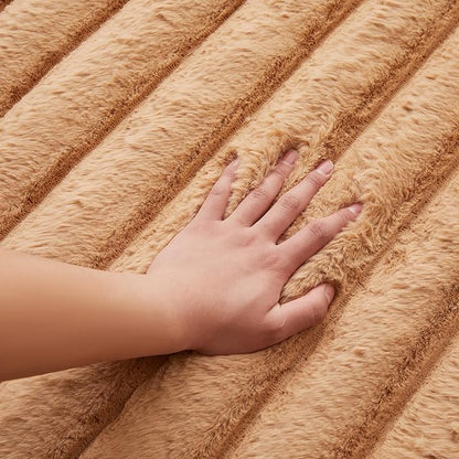 Coffee Rabbit Striped Plush Rug 3'x5', Fluffy Faux Fur Shaggy Area Rug - Image 4